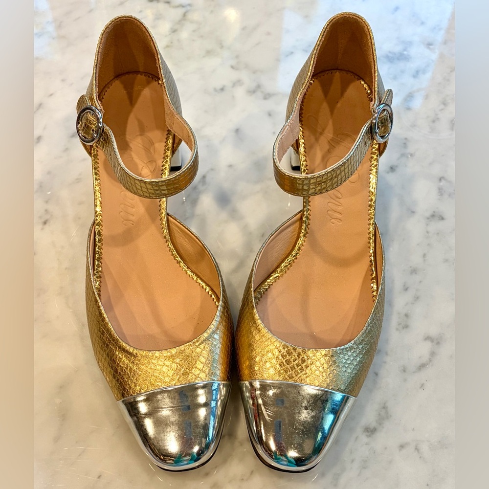 J Crew Millie maryjane heels, snake-embossed gold leather, silver cap toes,8.5 - Picture 12 of 16